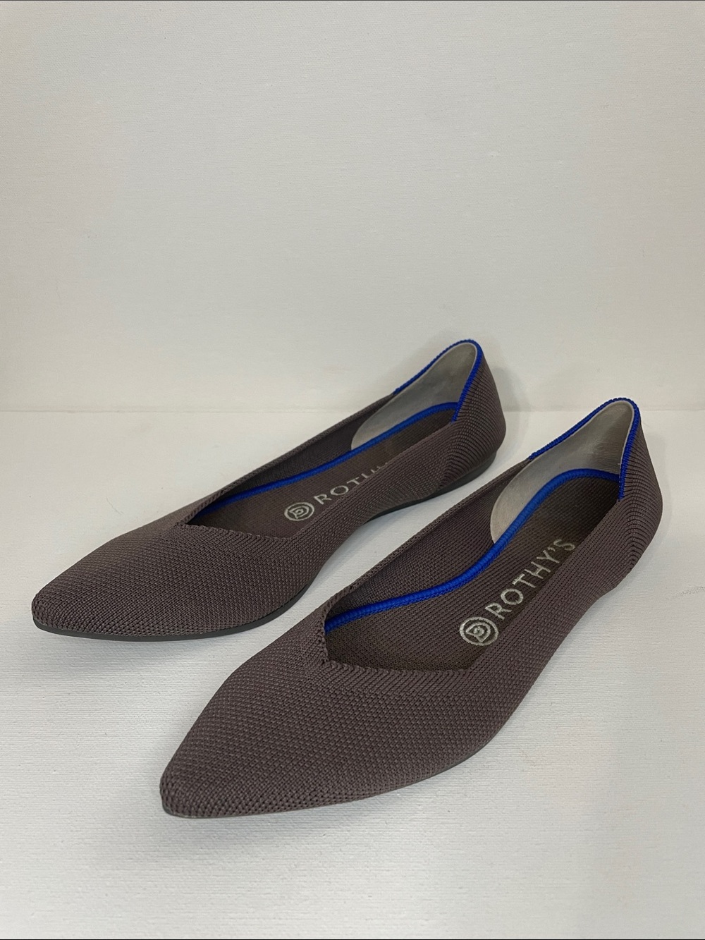 Rothy's Brown Pointed Flats with Royal Blue Trim
